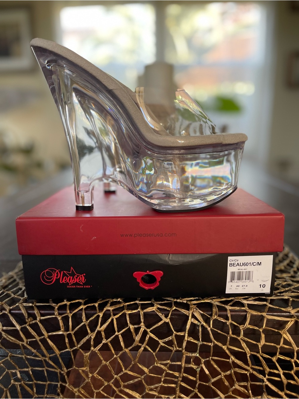 Pleaser Clear Platform Mule with Beige Trim